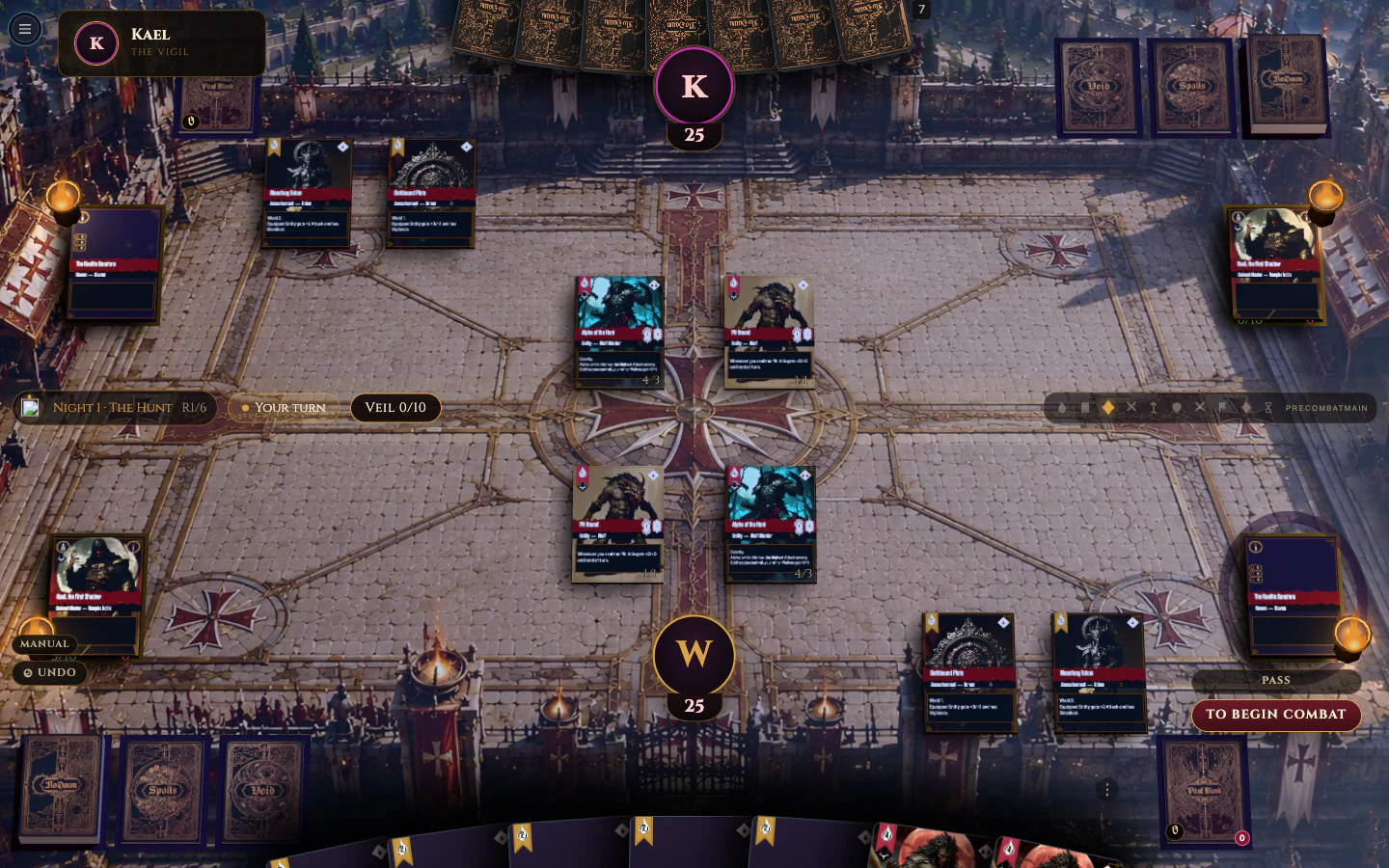 A live NoDawn match on the 3D battlefield, with both Masters and Havens on the flanks, permanents in the centre, zones at the corners, and the player's hand below.